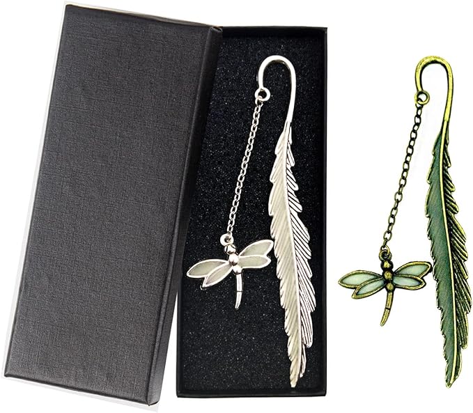 2 Pack Vintage Feather Metal Bookmark, Unique Glow in The Dark Bookmark Gift for Men Women (Dragonfly 2 Pack)