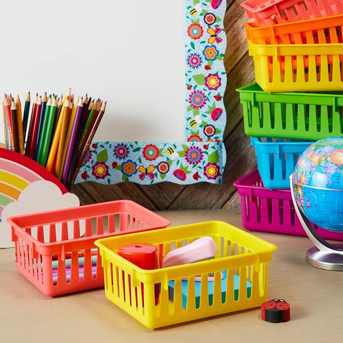 Bright Creations 12 Pack Small Plastic Classroom Storage Bins for Organization and School Supplies 6 Colors (6.1x4.8 in)