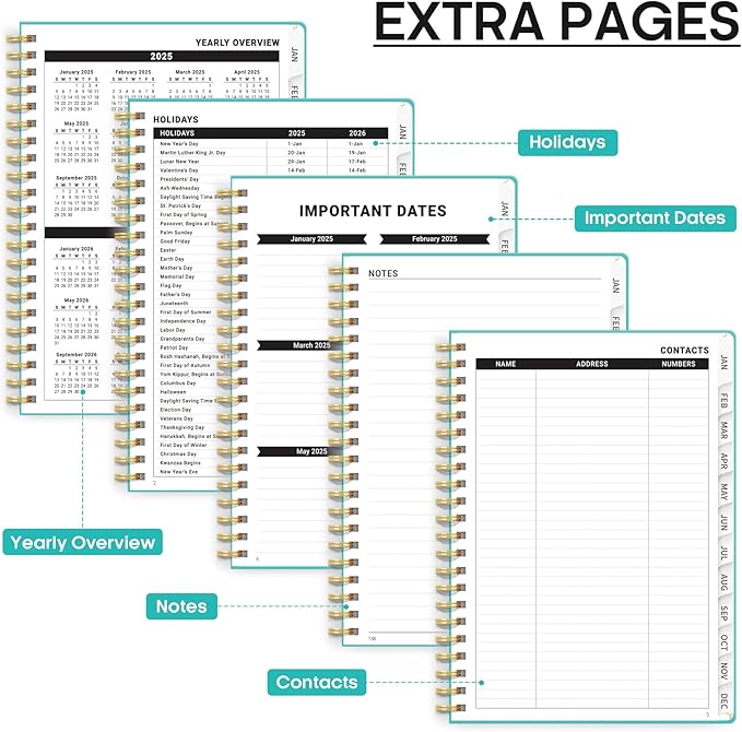 2025 Planner - Weekly and Monthly Planner Spiral Bound, January 2025 - December 2025, Hardcover 2025 Calendar Planner Book with Tabs, Inner Pocket, Perfect for Office Home School Supplies - A4 (8.5" x 11"), Aquamarine