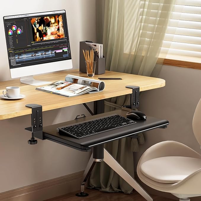 YOMT Adjustable Keyboard Tray Under Desk - 25.5“x13.7” Slide Out Computer Keyboard Drawer, 5kg Capacity with Smooth Glide Handle Out Computer Drawer for Typing, Black