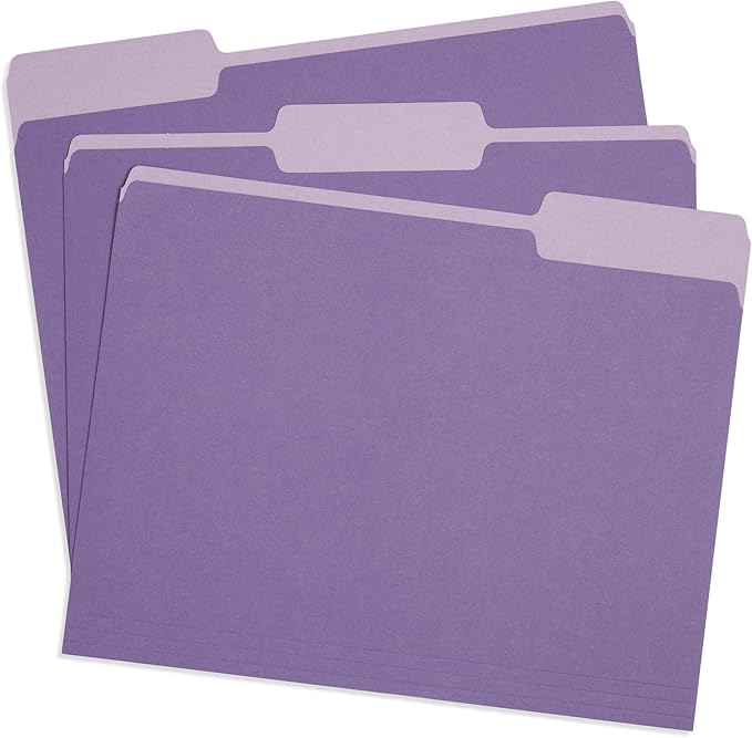 100 Blue Summit Supplies Purple File Folders Letter Size 1/3 Cut, Two-Tone Purple Folders, Durable 11pt Paper, Assorted Tabs, Holds Letter Size Documents