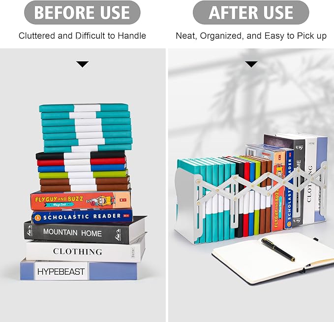 2PCS Adjustable Bookends, Metal Book Ends for Heavy Book, 2 Dividers, Nonslip Book Stander for Desk, Shelf, Office, Stationery Gift, Extends up to 19 inches (White)