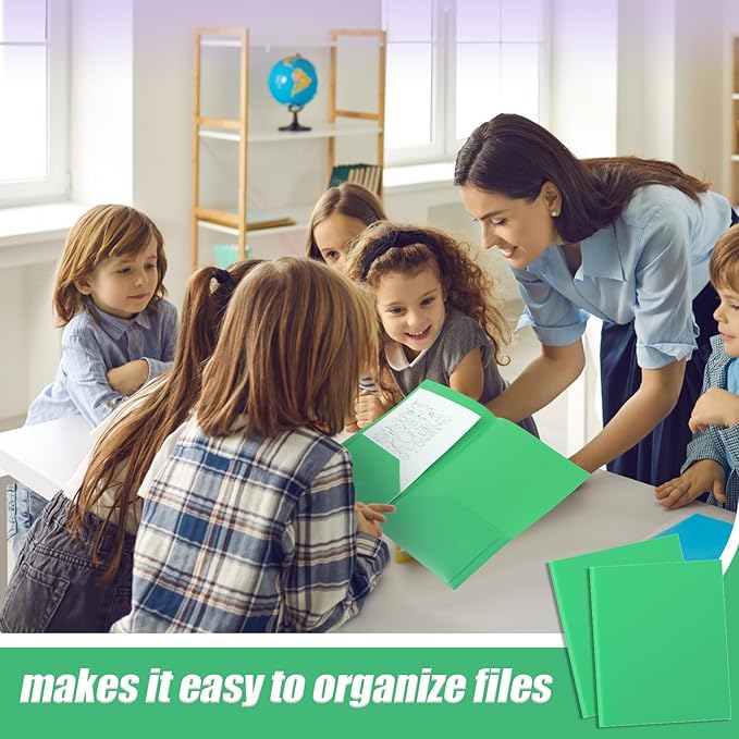 Gueevin 50 Pcs Plastic Folders with Pockets, Two Pocket Folder Fit Letter Size, Heavy Duty School Business Card Holder for Home Office School Bussiness, 11.61 x 9.45 Inches (Green)