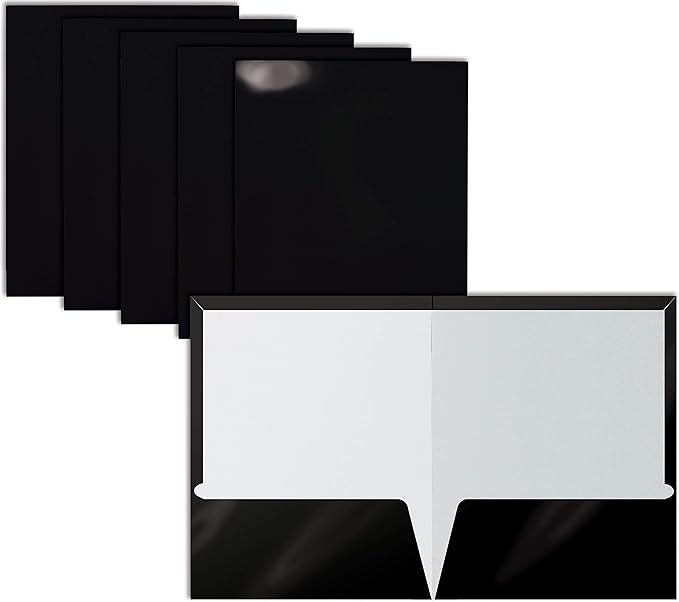 Better Office Products 2-Pocket Glossy Laminated Paper Folders, Letter Size, Black Portfolios Box of 25