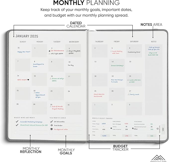 PRODUCTIVITY STORE Pro - Dated, 2025 Planner, 5.8” x 8.3” - The #1 Productivity Planner to Achieve Your 2025 Goals - Planner 2025-2026 - Grey - A5