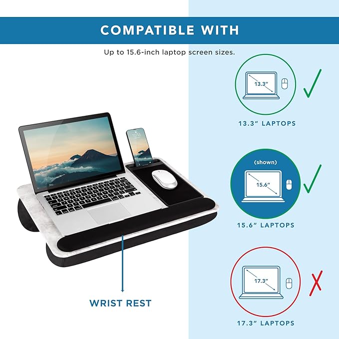 LAPGEAR Home Office Pro Lap Desk with Wrist Rest, Mouse Pad, and Phone Holder - White Marble - Fits up to 15.6 Inch Laptops - Style No. 91591