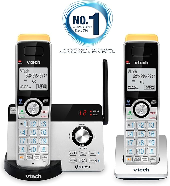 VTECH IS8121-2 Super Long Range up to 2300 Feet DECT 6.0 Bluetooth 2 Handset Cordless Phone for Home with Answering Machine, Call Blocking, Connect to Cell, Intercom and Expandable to 5 Handsets
