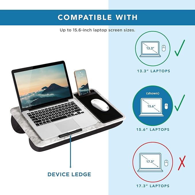 LAPGEAR Home Office Lap Desk with Device Ledge, Mouse Pad, and Phone Holder - White Marble - Fits Up To 15.6 Inch Laptops - Style No. 91501