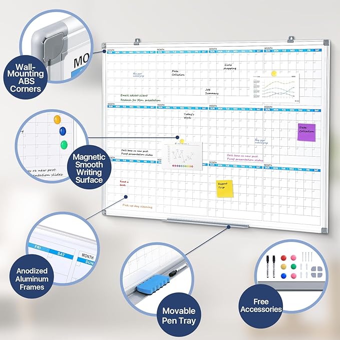 MAKELLO Large Magnetic Dry Erase Calendar Whiteboard Yearly for Home 43x31 in, Bedroom, Office, Classroom, 12 Months