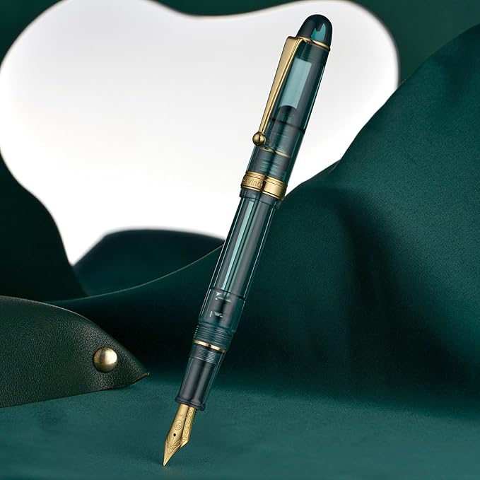Asvine V126 Vacuum Filling Fountain Pen Gold Plated Fine Point, Transparent Teal Acrylic Pen Gift Case
