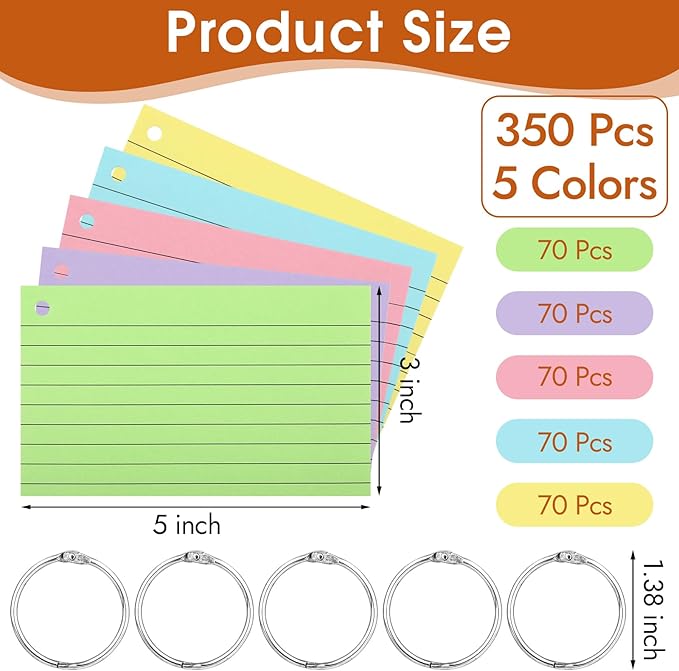 350 Pcs Index Cards With Ring, 3x5 Inches Flash Cards With Rings,Colored Heavy Notecards With Ring, Punched Lined Study Cards For School, College, Home, Office, Memory, To Do List (5 Colors)