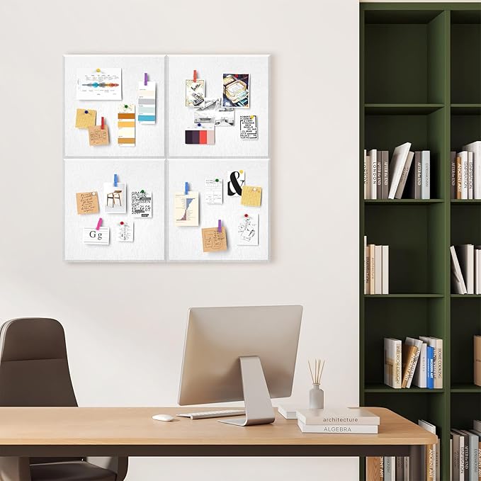 4 Pack Cork Board Tiles 12x12 Inches, 1/2" Thick Felt Cork Squares with 30 Push Pins, Bulletin Board Pin Board, Adhesive Cork Board for for Wall for Home, Office, and Kitchen (White)