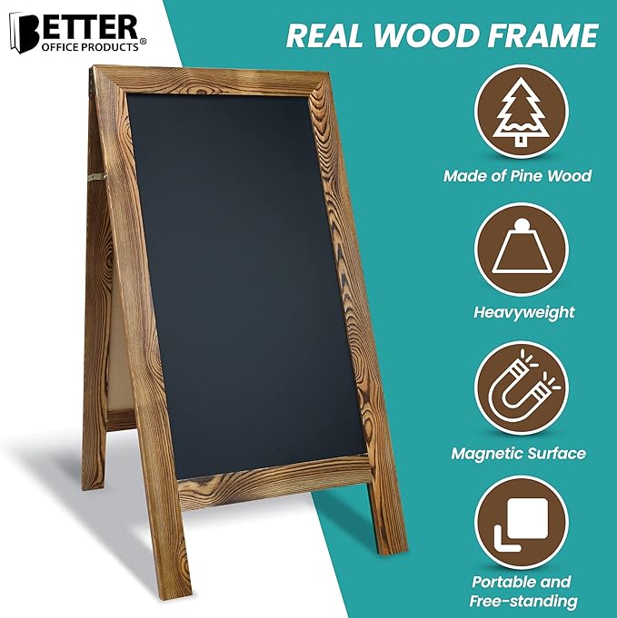 Better Office Products Magnetic A-Frame Chalkboard Sign, Extra Large 20" x 40", Standing Chalkboard Easel, Deluxe Set with Multiple Accessories, Outdoor Sidewalk Sandwich Board Sign,(Rustic Brown)