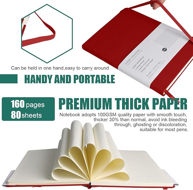 Lined Journal Notebook, (red), 160 Pages, Medium 5.7 inches x 8 inches - 100 gsm Thick Paper, Hardcover