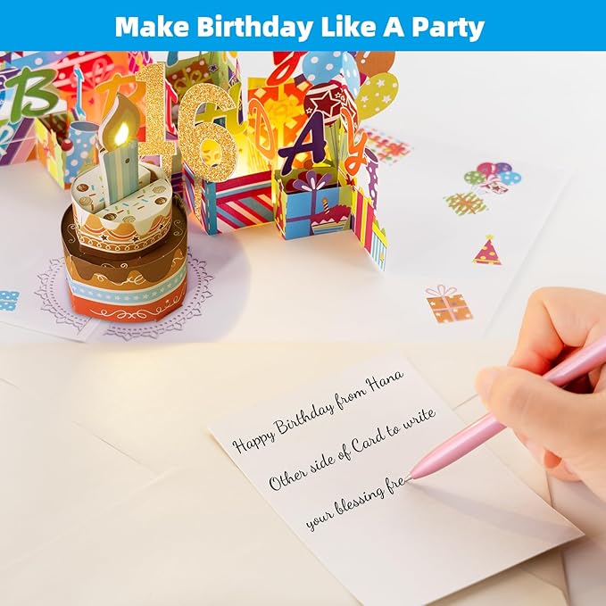 Gumry Sweet 16 Musical 3D Birthday Card, Blowable Musical Birthday PopUp Card with Colorful Light Candle Song, Happy 16th Birthday Gifts Decorations for 16 Years Old Girls Boys Son Daughter
