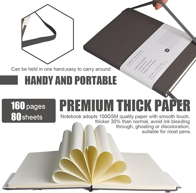 Lined Journal Notebook, 10Pack(Dark Gray), 160 Pages, Medium 5.7 inches x 8 inches - 100 gsm Thick Paper, Hardcover