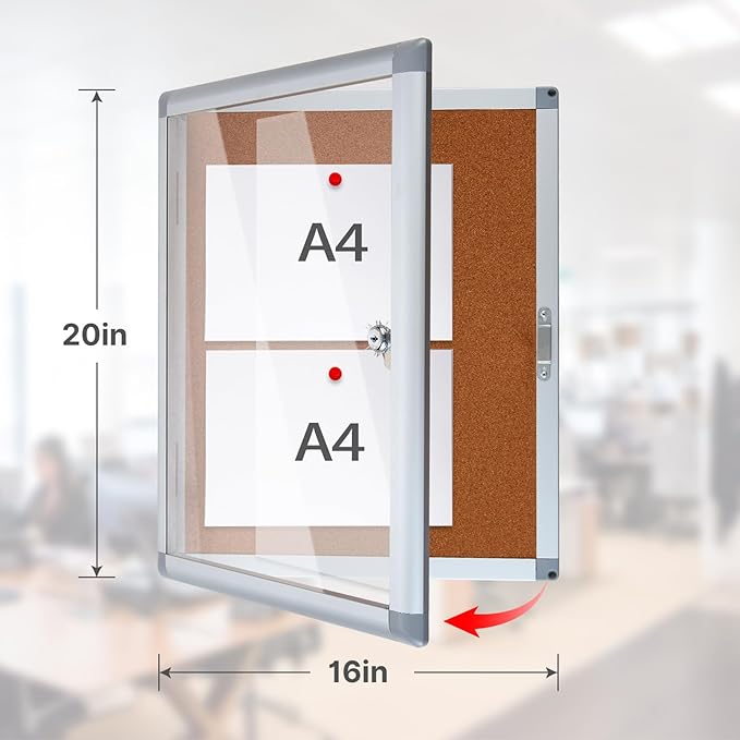 Outdoor Enclosed Cork Bulletin Board Tamper-Proof Dispaly Case, Aluminium Frame, Weatherproof Cork Noticeboard, Enclosed Cork Board for School, Office, Restaurant, Hospital etc(20 * 16inches)