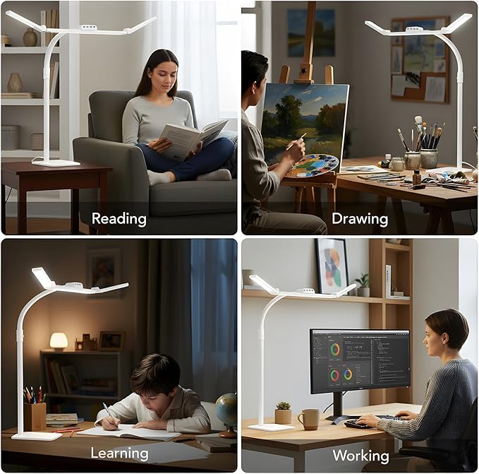 Galnolt LED Desk Lamp for Home Office with Base, 28.2" Adjustable Gooseneck Swing Arm Bright Desk Light, Dimmable Architect Table Lamp for Desktop Computer Light, Reading, Study, Workbench(White)