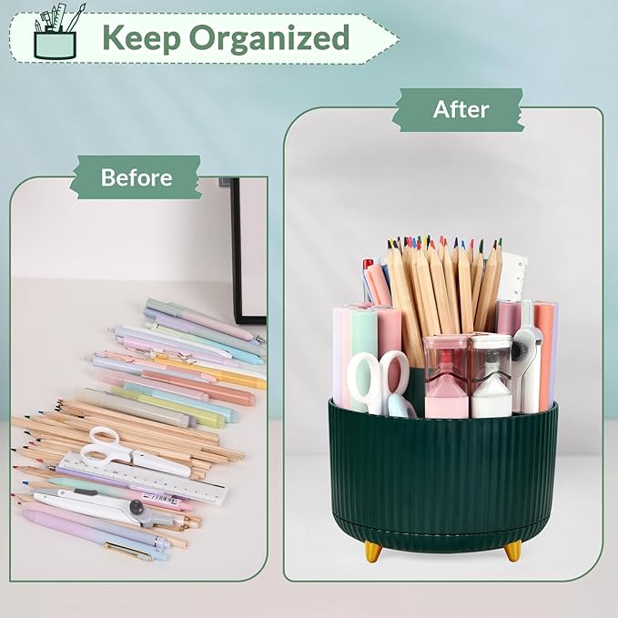 SKYDUE 360 Degree Rotating Desk Organizer, Dual-Purpose Pencil Pen Holder for Desk, Rotating Desk Pen Organizer with 5 Slots, Art Supplies, Pencil Cup for Office, School, Home