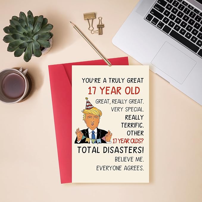 Funny 17th Birthday Card for Him Her, Happy Trump 17 Year Old Birthday Gift Ideas for Son Daughter, Humor 17th Birthday Decorations for Girls Boys