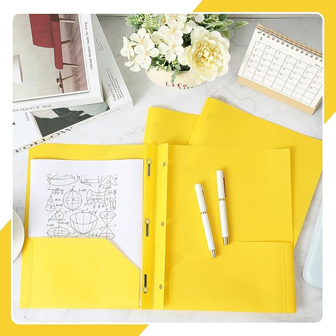 Yeaqee 30 Pcs Plastic Folders with Pockets and Prong Plastic Folders with 2 Pockets Pocket for Office, School for Students, Teachers, Office Workers (Yellow)