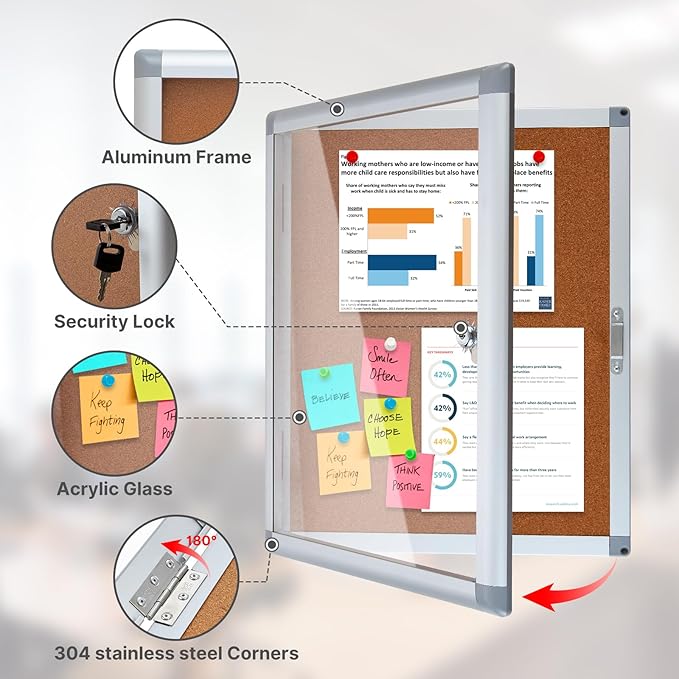 Outdoor Enclosed Cork Bulletin Board Tamper-Proof Dispaly Case, Aluminium Frame, Weatherproof Cork Noticeboard, Enclosed Cork Board for School, Office, Restaurant, Hospital etc(20 * 16inches)