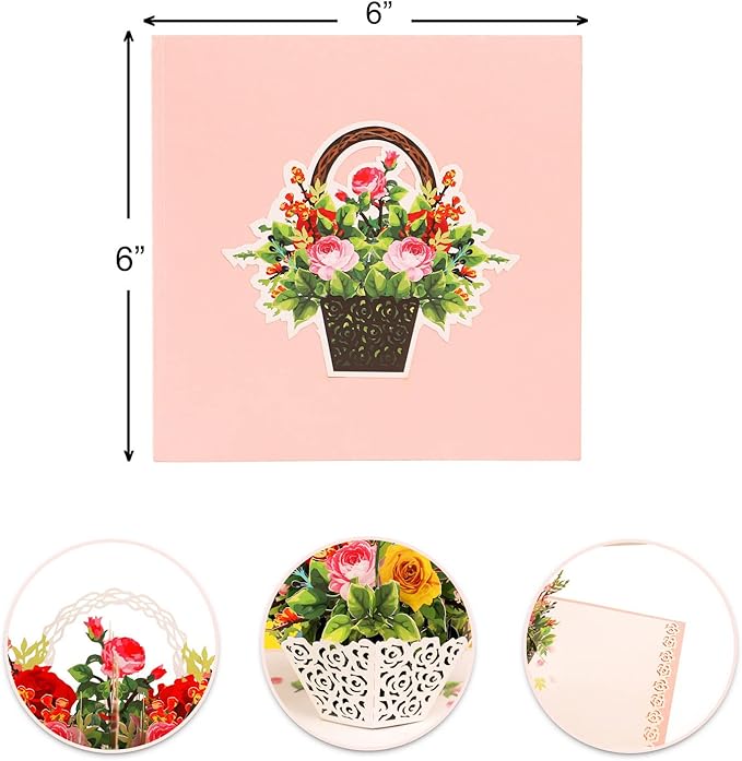 Valentines Day Card, Flower Basket Pop Up Card, Mother's Day Pop Up Card, Birthday Cards for Women, Thinking of You, Greeting Card, Get Well Soon Cards, Wonderful Souvenir, Wife, Grandma