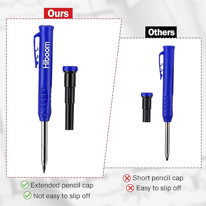 Hiboom 2 Pack Solid Carpenter Pencil with 14 Refill, Long Nosed Deep Hole Mechanical Pencil Marker with Built-in Sharpener for Carpenter Woodworking Architect with Design Patent (Black, Blue)