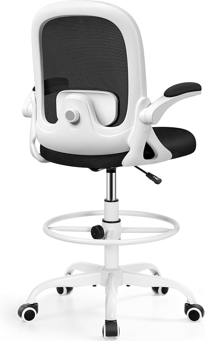 Drafting Chair, Tall Office Chair Ergonomic Standing Desk Chair,with Adjustable Footrest Ring, 3D Lumbar Support, Flip-up Armrests, Swivel Desk Stool for Drawing Working (White)