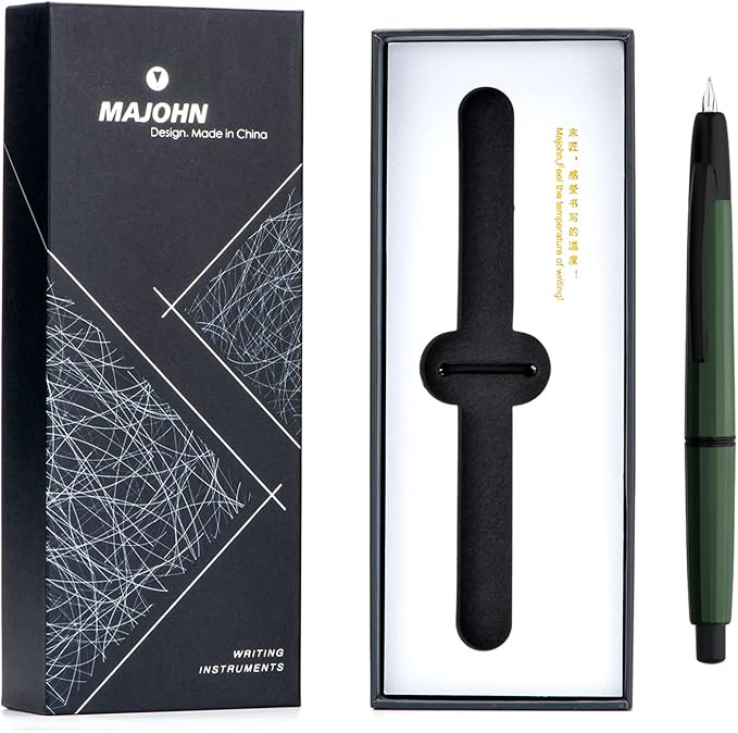 Majohn A2 Press Fountain Pen Extra Fine Nib with Box, Retractable Green Resin Ink Pen with Converter Writing Set (Black Clip Version)