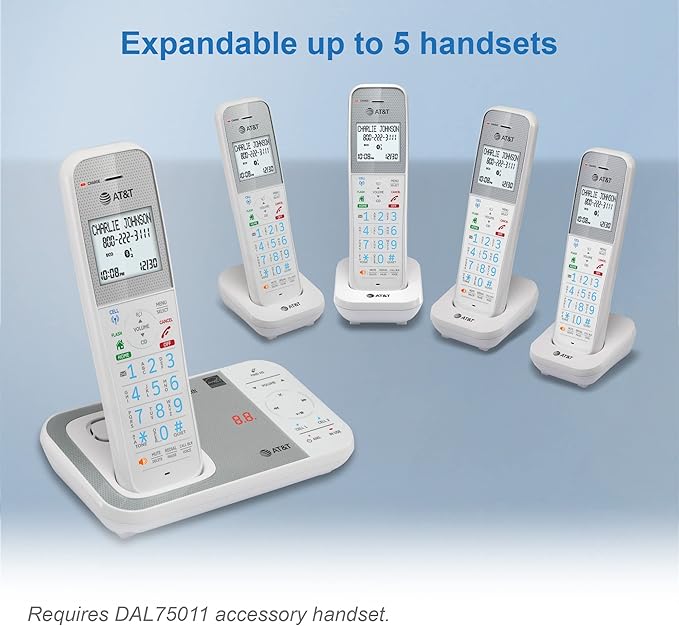 AT&T DAL75211 DECT 6.0 Cordless Home Phone with Smart Call Blocker, Bluetooth Connect to Cell, Digital Answering Machine, Full-Duplex Speakerphone, Expandable to 5 HS (White)