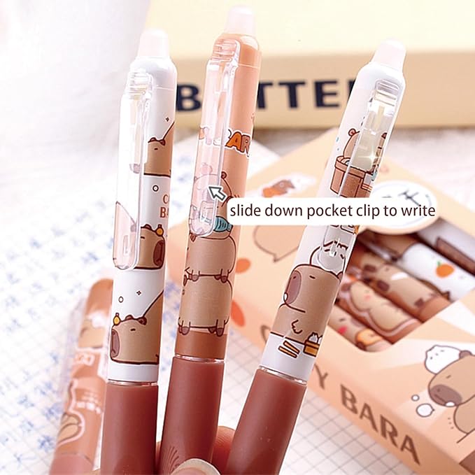 6 Pcs Erasable Gel Pens Capybara Erasable Retractable Cute Pens Cartoon Capybara Pens 0.5mm Blue Ink Pen Office School Pens Women Girls Boys Pens (Blue Ink-Capybara)