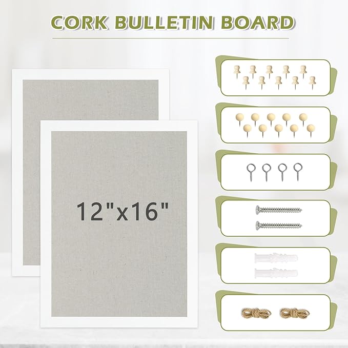 2-Pack Double-Sided Cork Board with Linen, 16" x 12" Hanging Wood Framed Bulletin Board, Picture Display Vision Board Kit Corkboards for Wall School Office Decor, 20 Pushpins (Vintage White)