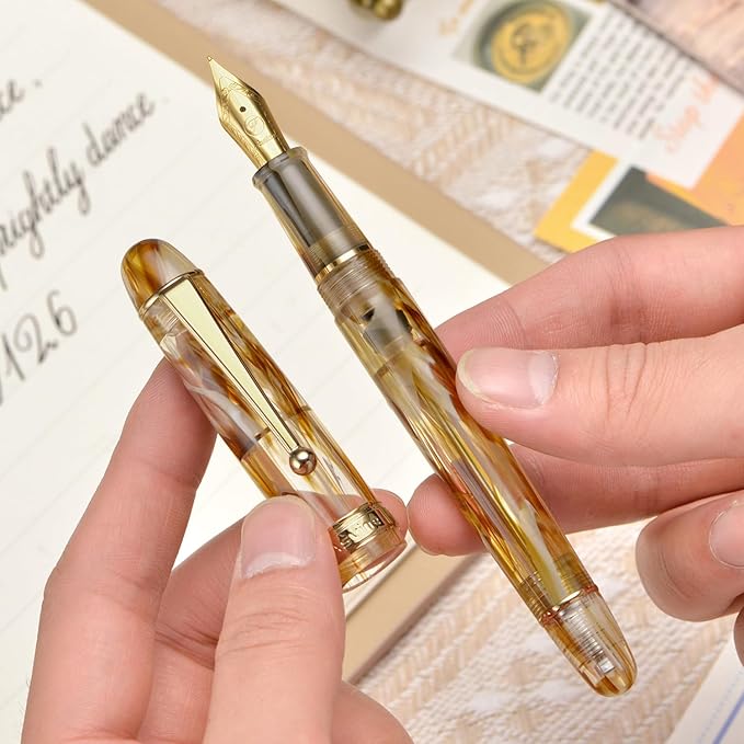 Asvine V126 Vacuum Filling Fountain Pen Fine Point, Brown Swirl Transparent Acrylic Pen Gift Case