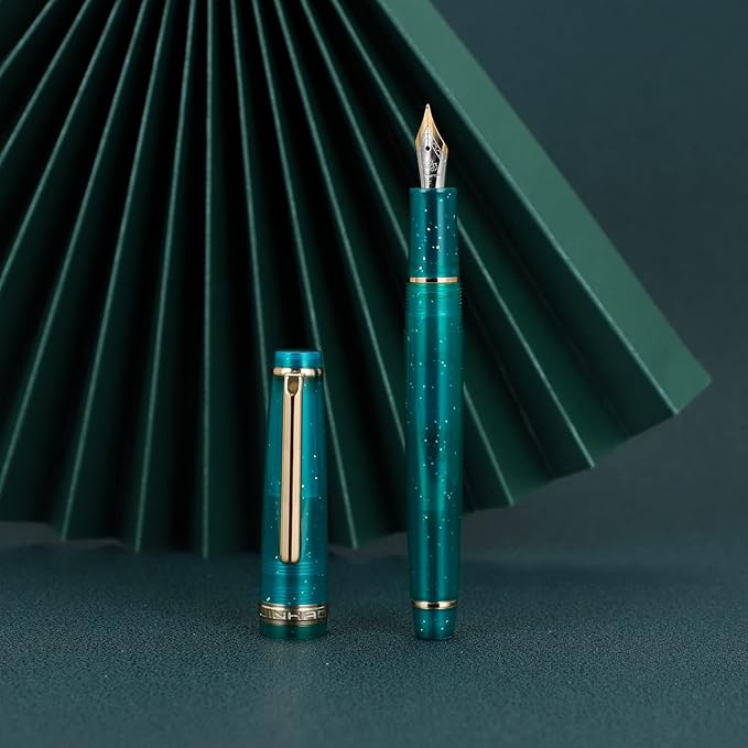 Jinhao 82 Acrylic Fountain Pen, Iridium Bent Nib with Ink Converter, Transparent Peacock Blue Fluorescent Classic Design Calligraphy Pen (Gold Trim)