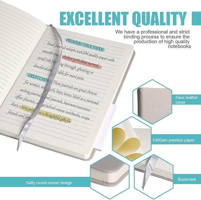 Lined Journal Notebook, 10Pack(Grey), 160 Pages, Medium 5.7 inches x 8 inches - 100 gsm Thick Paper, Hardcover