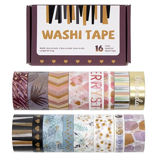 WAPETASHI 16 Rolls Washi Tape Set - Aesthetic Adhesive Tape with Gift Box, Gold Foil Decorativ Tape for Schcool Supplies, Bullet Journals, Scrapbooking, DIY Craftst -20/15/10mm Wide