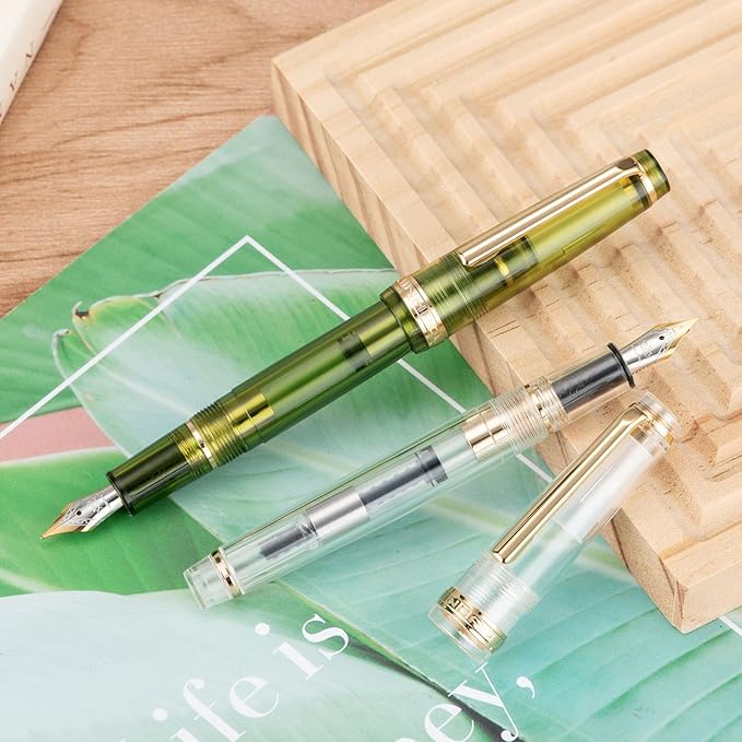 Jinhao 82 Acrylic Fountain Pen, Iridium Bent Nib with Ink Converter, Transparent Unique Design Calligraphy Pen (Gold Trim)