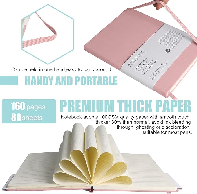 Lined Journal Notebook, 10Pack(Pink), 160 Pages, Medium 5.7 inches x 8 inches - 100 gsm Thick Paper, Hardcover