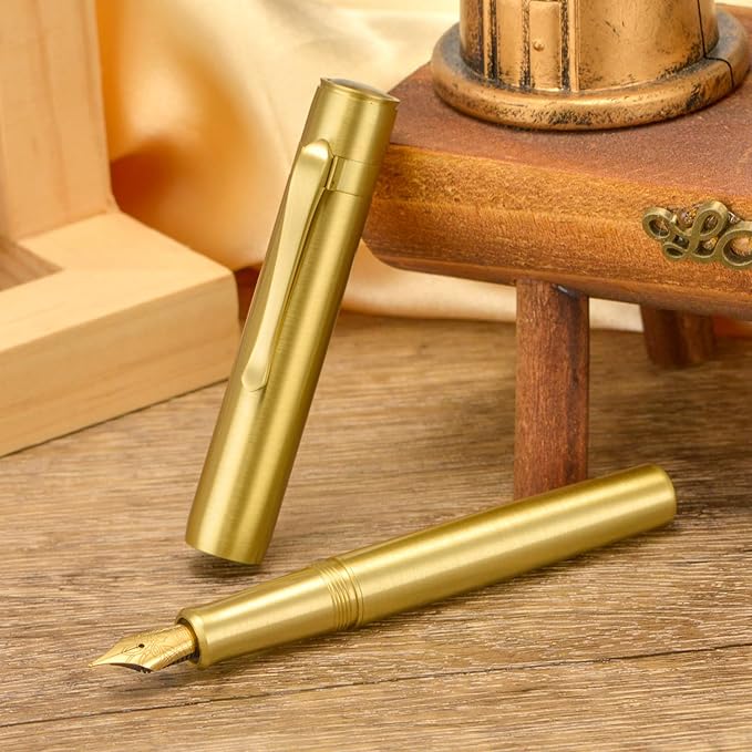 Hongdian M2 Black Forest Mini Fountain Pen, Fine Soft Golden Nib & Sleek Shape Brass Short Pocket Travel Pen (Glossy Brass)