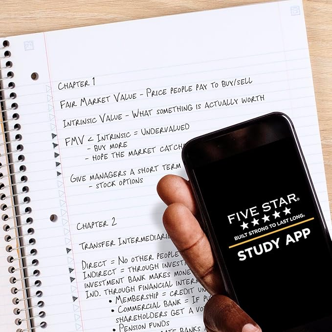 Five Star Spiral Notebook + Study App, 3 Subject, College Ruled Paper, Fights Ink Bleed, Water Resistant Cover, 8-1/2" x 11", 150 Sheets, White (72464)