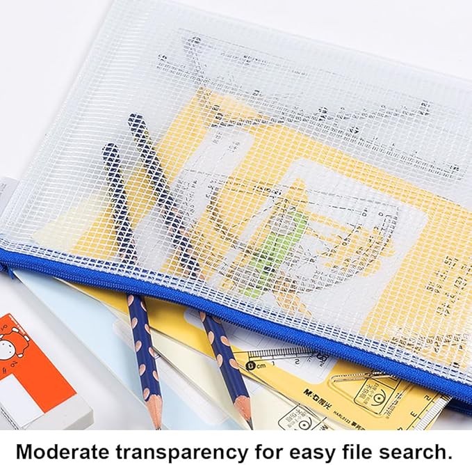 AUSTARK 10 Pcs Zipper File Bags, Waterproof Plastic Mesh Pouch for Office School, Board Game Storage Bags (B5 Size 11.4''x8.2'', White and Blue)