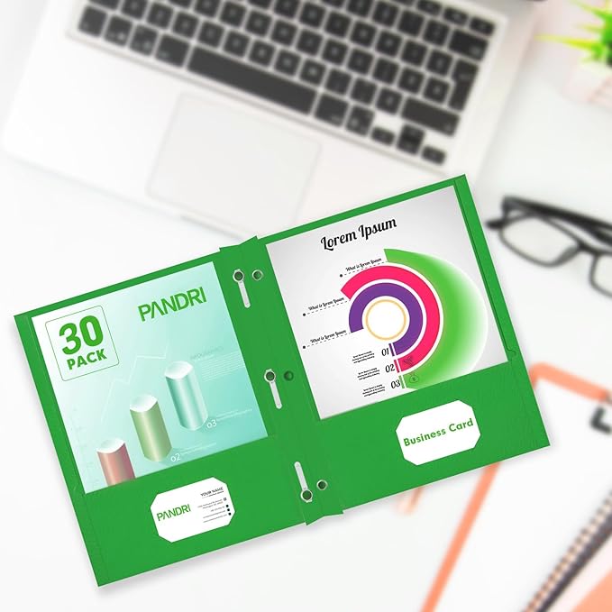 Two Pocket Folders, PANDRI 30 Pack Two Pocket Folders with Prongs, 3 Prong Folders Designed for Office and Classroom, Letter Size Green