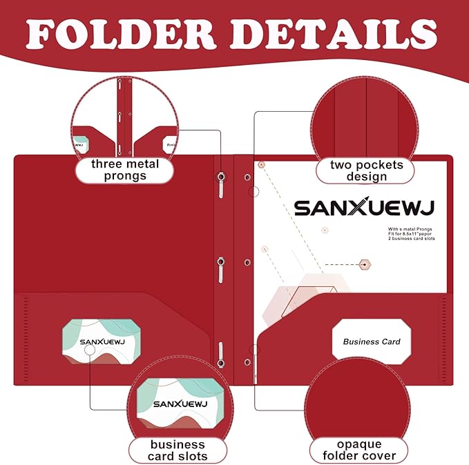 30 Pack Two Pocket Folders Business Card Holder Plastic Folders with Prongs for School Office Filing Cabinet Resume Portfolio (Red)