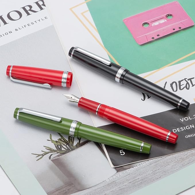 Jinhao 82 Black Acrylic Fountain Pen, Iridium Medium Nib Classic Design Smooth Writing Pen with Ink Converter (Silver Trim)