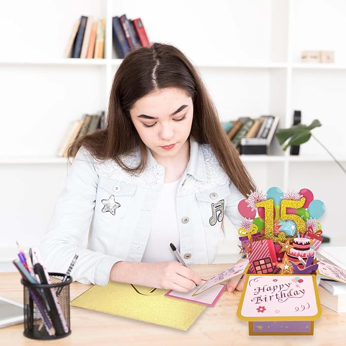 Asmallgf Sweet 15th Birthday Popup Greeting Card, Naughty Fifteen Bday Gift for Teen Girls Boys, Great 3D Greeting Card from Mom Dad