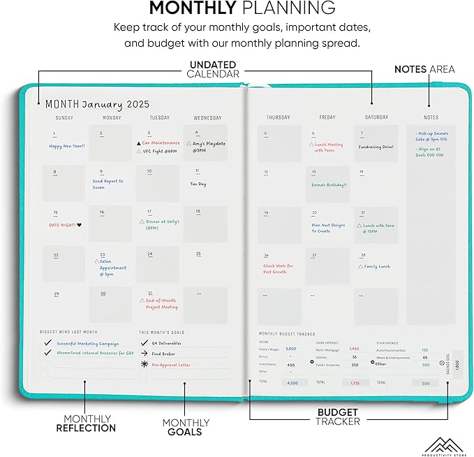 PRODUCTIVITY STORE Pro Max - Undated, 2025 Planner, 8.5" x 11" - The #1 Productivity Planner to Achieve Your 2025 Goals - Planner 2025-2026 - Teal - A4