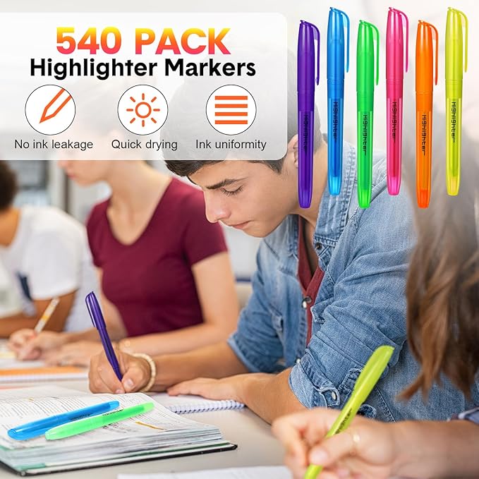 Thenshop 540 Pcs Highlighter Bulk Pack Assorted Colors Highlighter Markers Chisel Tip Fluorescent Pens for Office Classroom Back to School Supplies