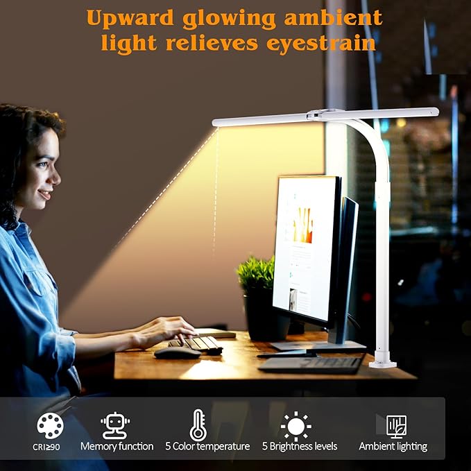 AKRRYR Led Desk Lamp for Home Office,24W Bright Eye-Caring Desk Light with Clamp,5 brightness and 5 temperatures Dimmable Workbench Task Light, Adjustable Gooseneck Table Lamp for Monitor Study(white)