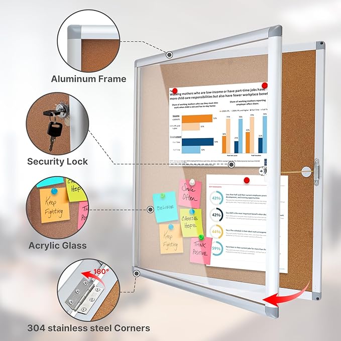 Outdoor Enclosed Cork Bulletin Board Tamper-Proof Dispaly Case, Aluminium Frame, Weatherproof Cork Noticeboard, Enclosed Cork Board for School, Office, Restaurant, Hospital etc(28 * 26inches)